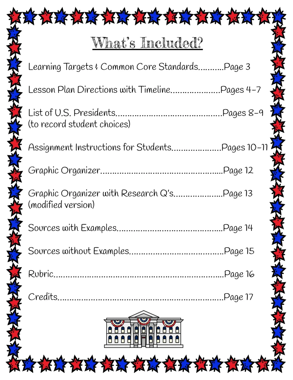 Table of contents listing learning targets, lesson plan, presidents list, graphic organizers, sources, rubric and credits