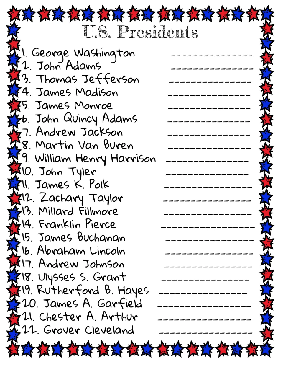 U.S. Presidents list 1 to 22, George Washington through Grover Cleveland, with a line beside each to record student picks