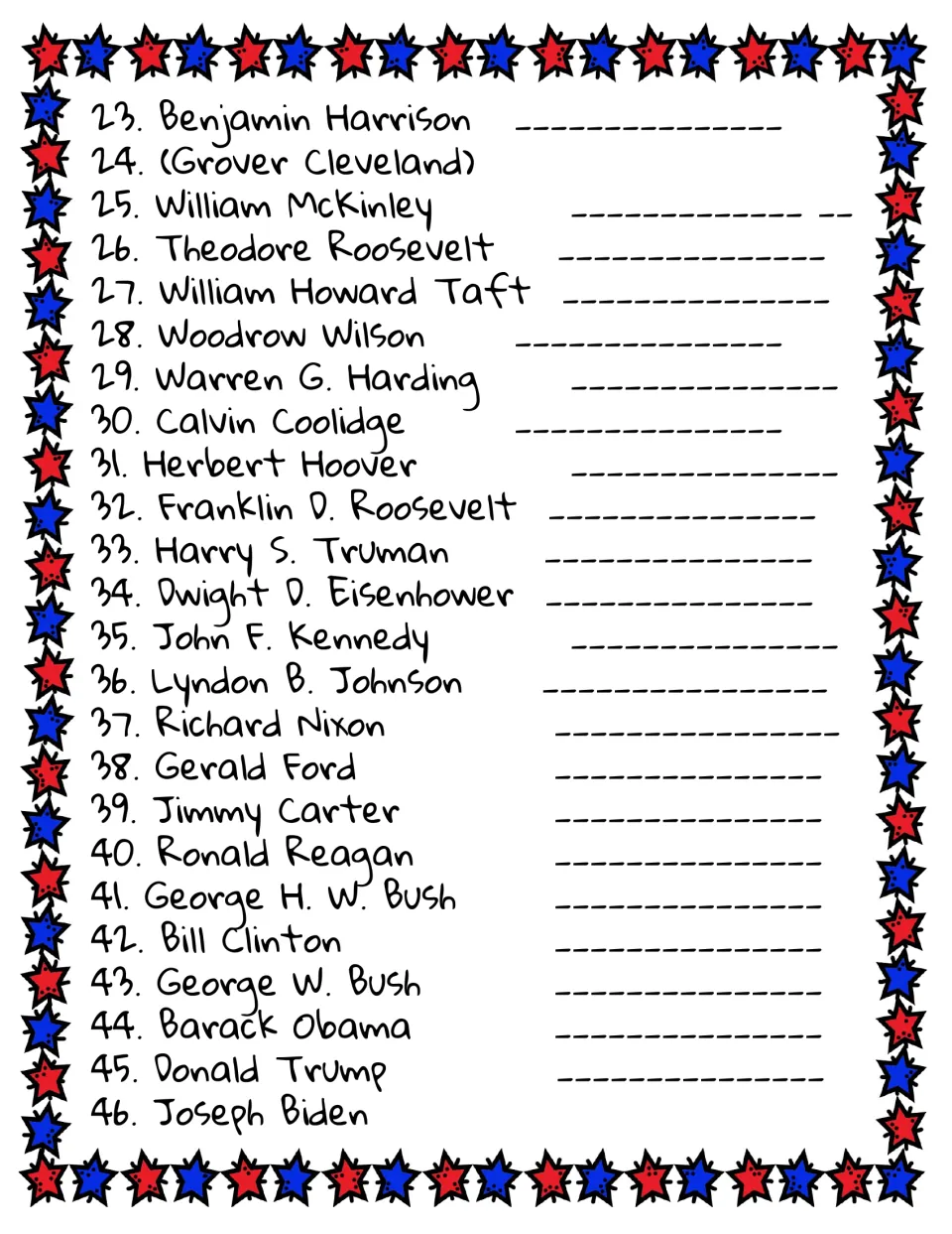Presidents 23 to 46, Benjamin Harrison through Joseph Biden, with lines for writing which student chose each president