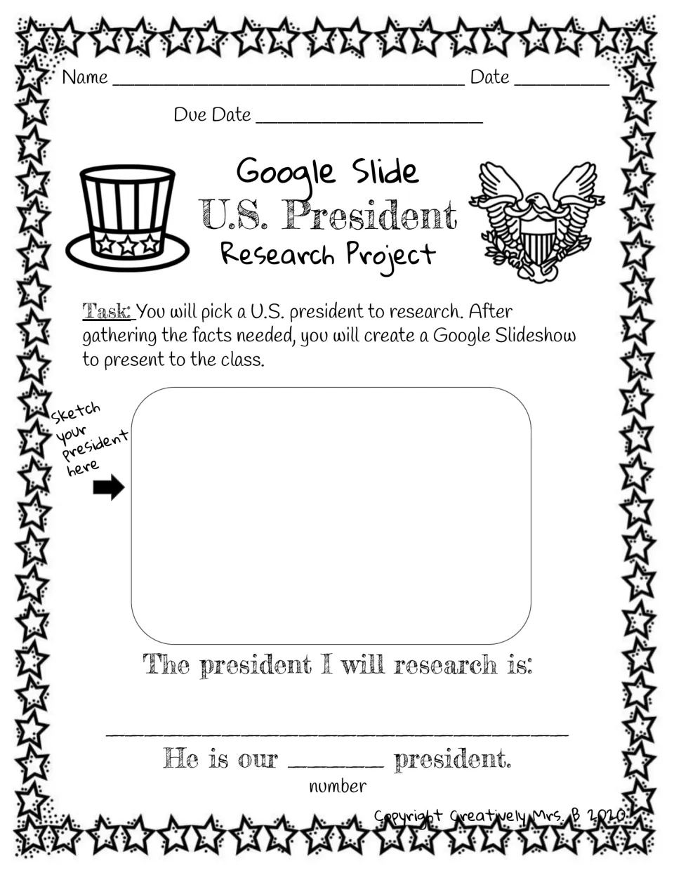 Student project sheet: task directions, a spot to sketch the chosen president, and blanks for the name and number