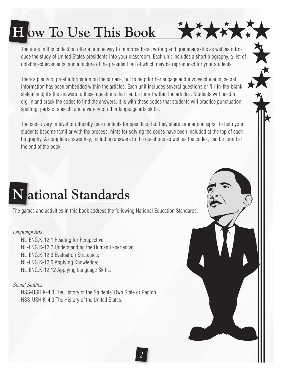 How To Use This Book: biographies hide coded answers students crack to practise spelling and punctuation; standards list