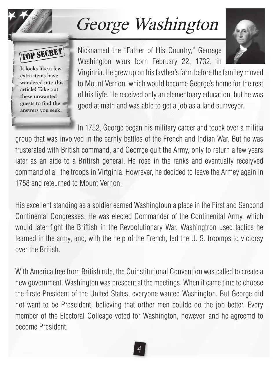 George Washington biography with extra letters hidden in misspelled words; students remove them to find answers, part 1