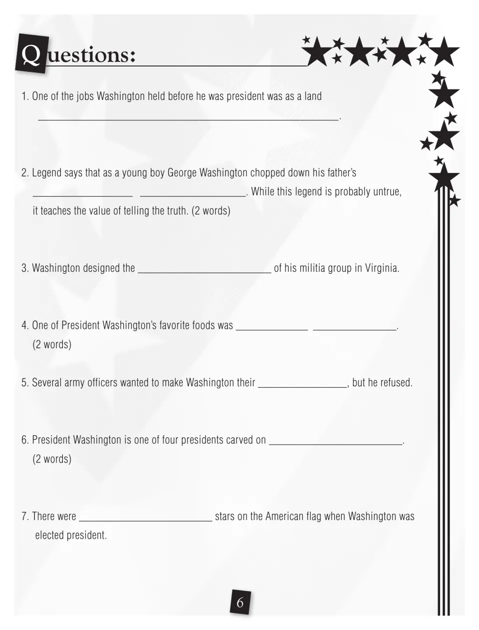Washington questions: seven fill-in-the-blank facts, such as his job as a land surveyor, answered from the decoded letters