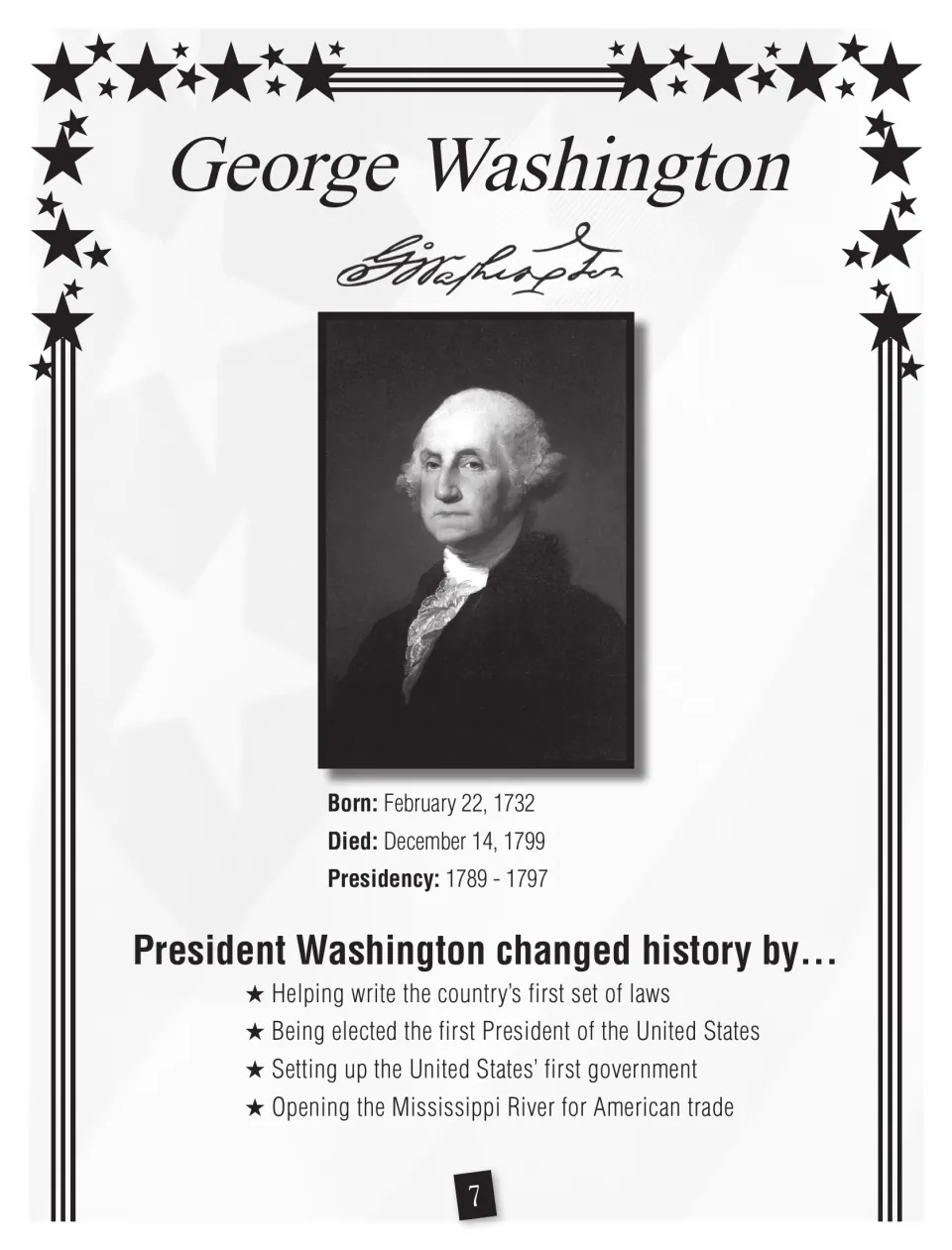 George Washington profile: portrait, signature, birth and death dates, 1789-1797 presidency and four achievements