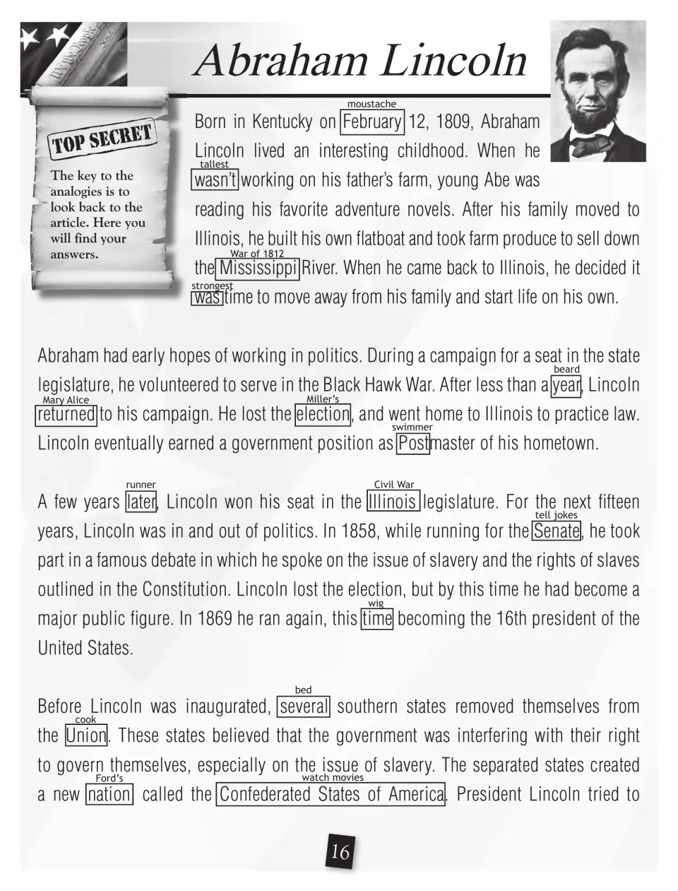 Abraham Lincoln biography with marked words and small labels above them; students solve analogies to find hidden answers