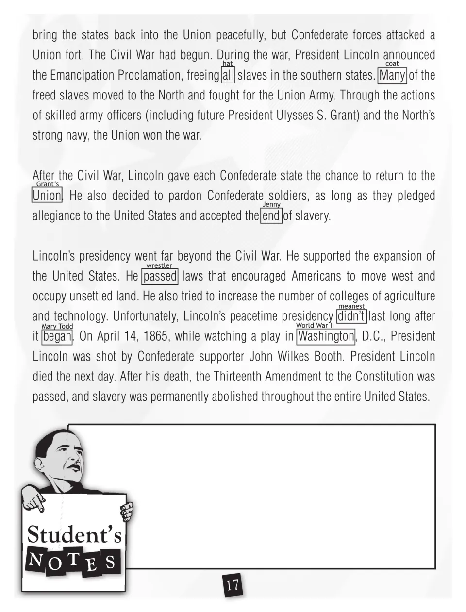 Lincoln biography continued: Emancipation Proclamation, Civil War end and assassination, with more marked analogy words