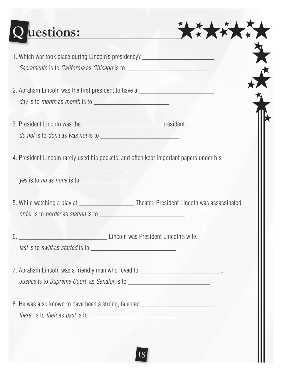 Lincoln questions: eight fill-in-the-blank facts, each paired with an analogy like day is to month as month is to blank