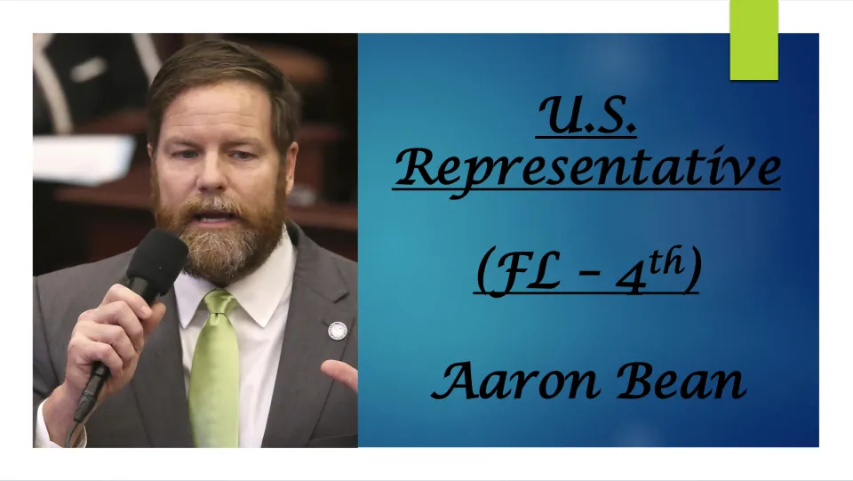 Biography presentation cover naming Aaron Bean as U.S. Representative for Florida’s 4th district