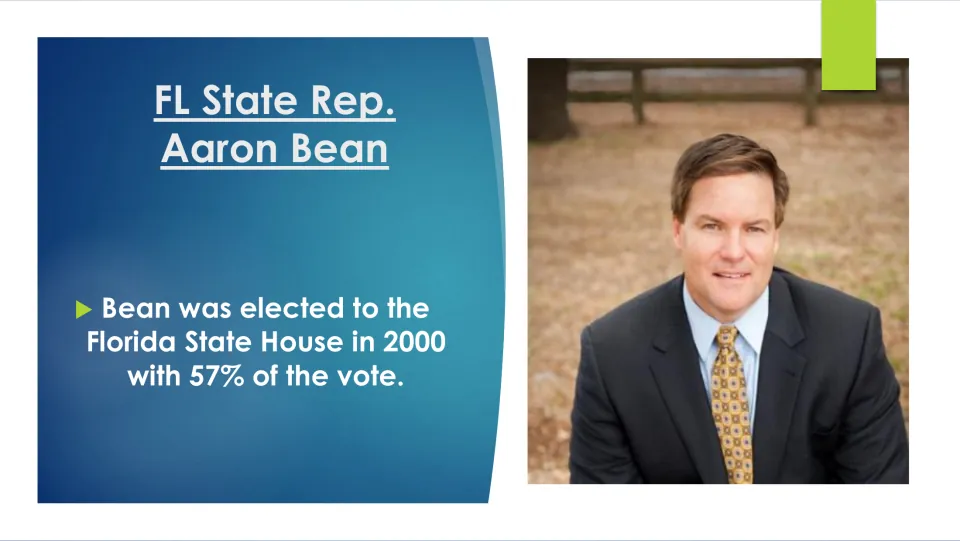 State House biography slide noting Aaron Bean’s election to the Florida House in 2000 with 57% of the vote