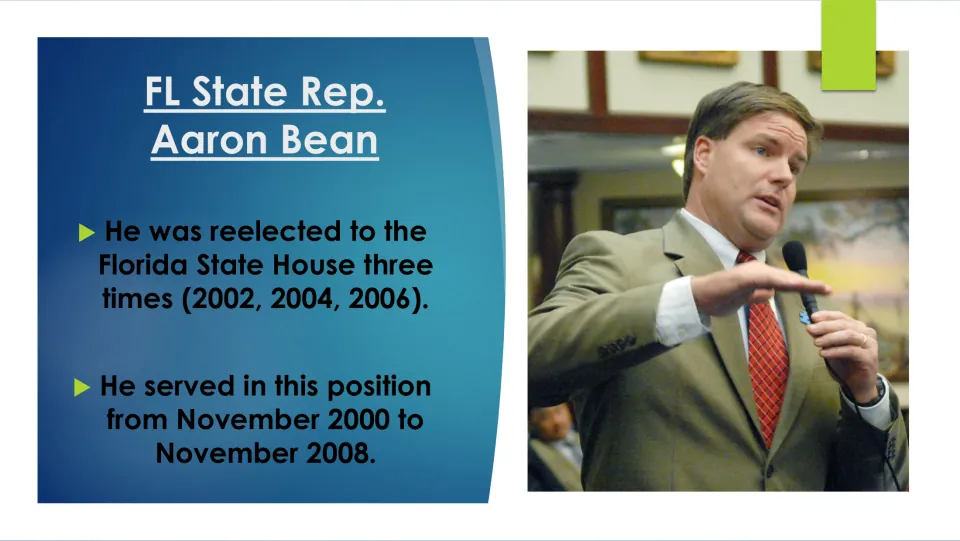 State House slide listing Bean’s reelections in 2002, 2004, and 2006 and November 2000–November 2008 service