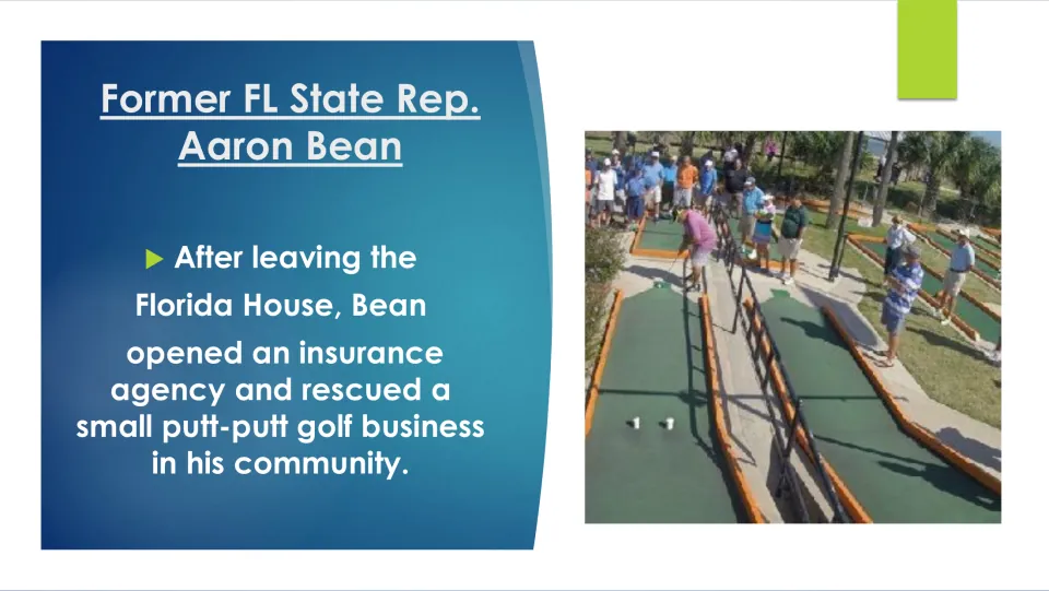Business career slide describing Bean opening an insurance agency and rescuing a local putt-putt business