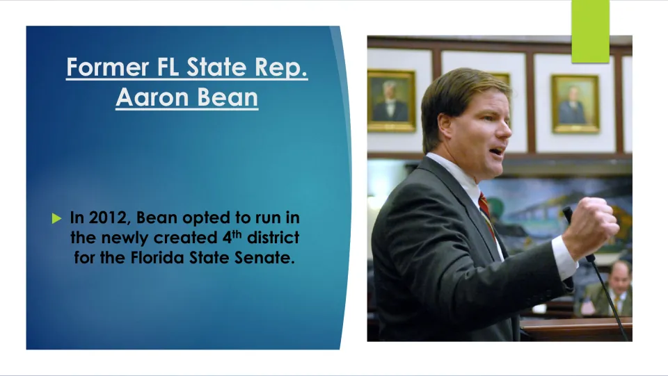 State Senate biography slide describing Bean’s 2012 decision to run in Florida’s newly created 4th district