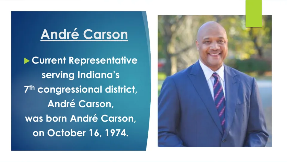 Biography slide identifying André Carson’s Indiana district and giving his birthdate as October 16, 1974