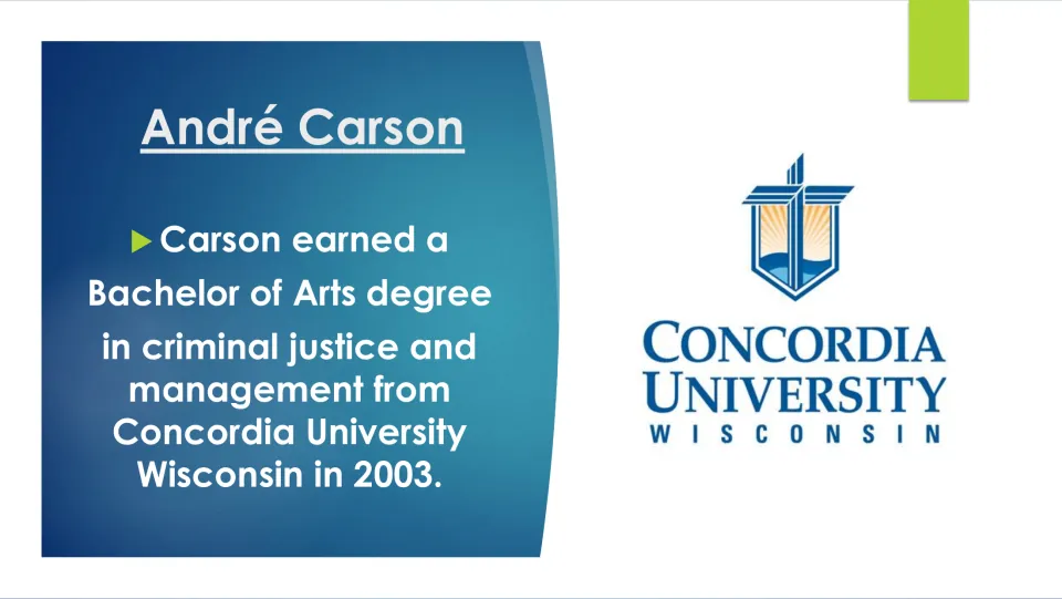 Biography slide on Carson’s 2003 bachelor’s degree in criminal justice and management at Concordia Wisconsin