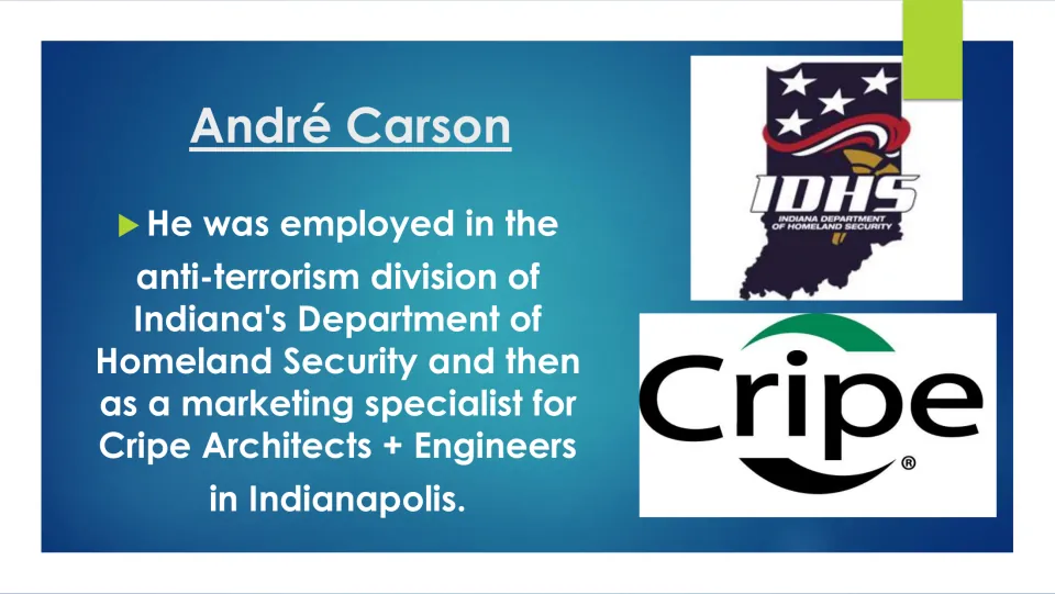 Biography slide on Carson’s antiterrorism work at Indiana Homeland Security and marketing work at Cripe