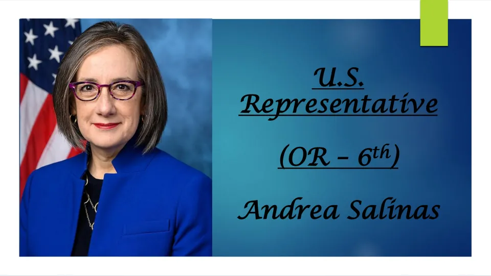 Biography presentation cover introducing Andrea Salinas as U.S. Representative for Oregon’s 6th district