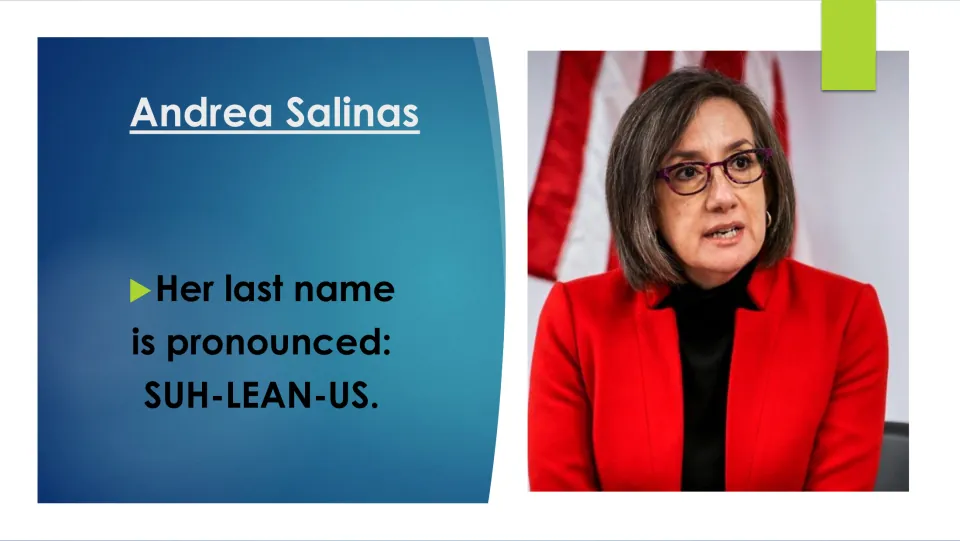 Biography slide explaining that Andrea Salinas’s last name is pronounced SUH-LEAN-US, alongside her portrait