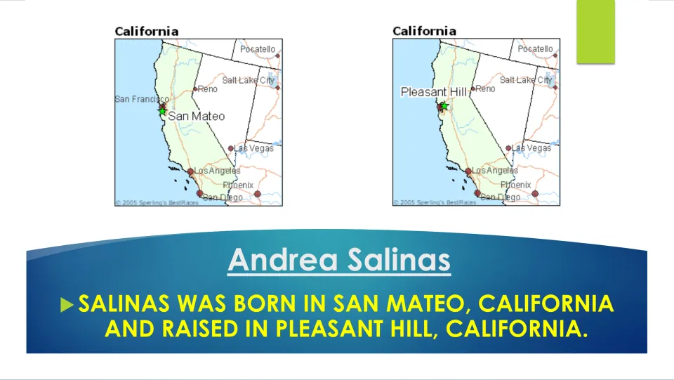 Biography slide locating San Mateo, California, where Salinas was born, and Pleasant Hill, where she grew up
