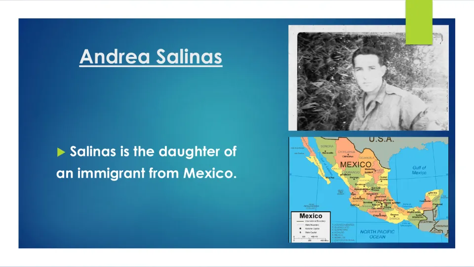 Biography slide stating that Salinas is the daughter of an immigrant from Mexico, illustrated with a map