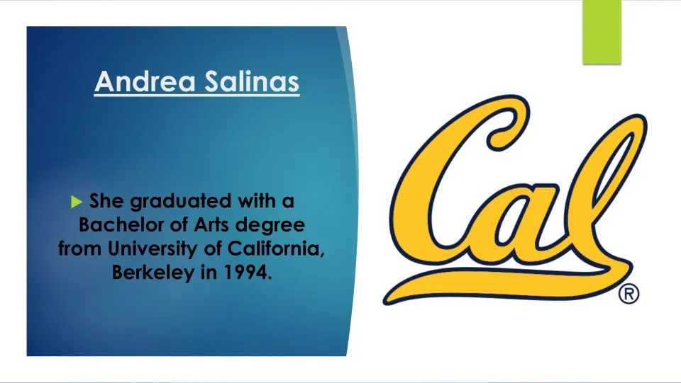 Biography slide stating that Salinas earned a Bachelor of Arts from the University of California, Berkeley in 1994