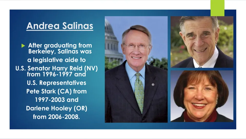 Biography slide listing Salinas’s legislative aide work for Harry Reid, Pete Stark, and Darlene Hooley