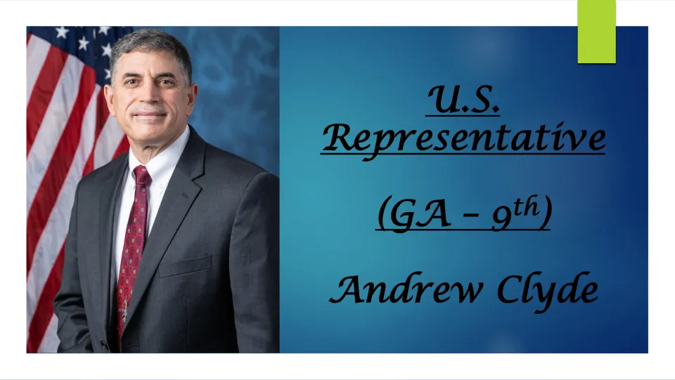Biography presentation cover identifying Andrew Clyde as U.S. Representative for Georgia’s 9th district