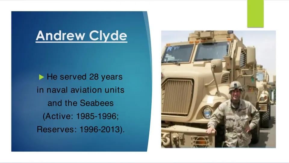 Military service slide covering Clyde’s 28 Navy years, with active duty in 1985–1996 and reserves in 1996–2013