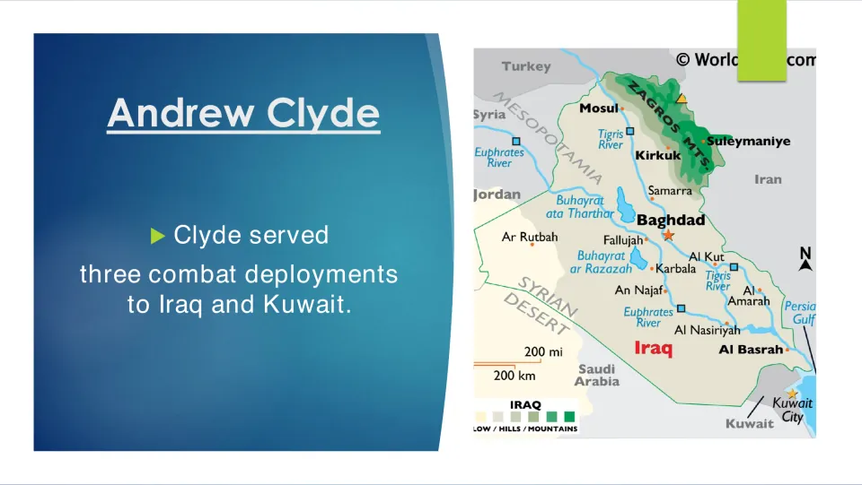 Combat deployment slide stating Andrew Clyde served three deployments to Iraq and Kuwait, with a map