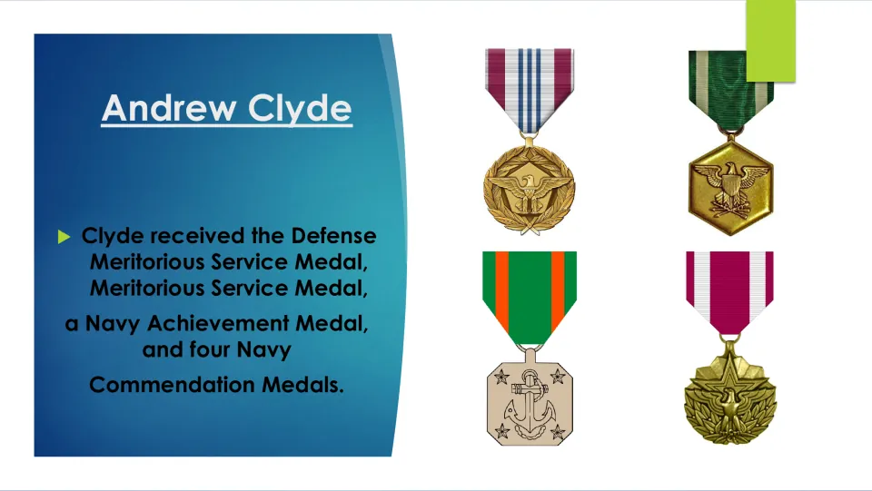 Military awards slide listing Clyde’s Defense Meritorious Service Medal and three other medal categories