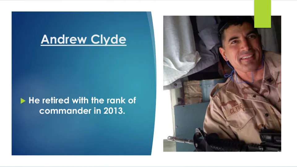 Navy retirement slide stating Andrew Clyde retired as a commander in 2013, accompanied by a military photo