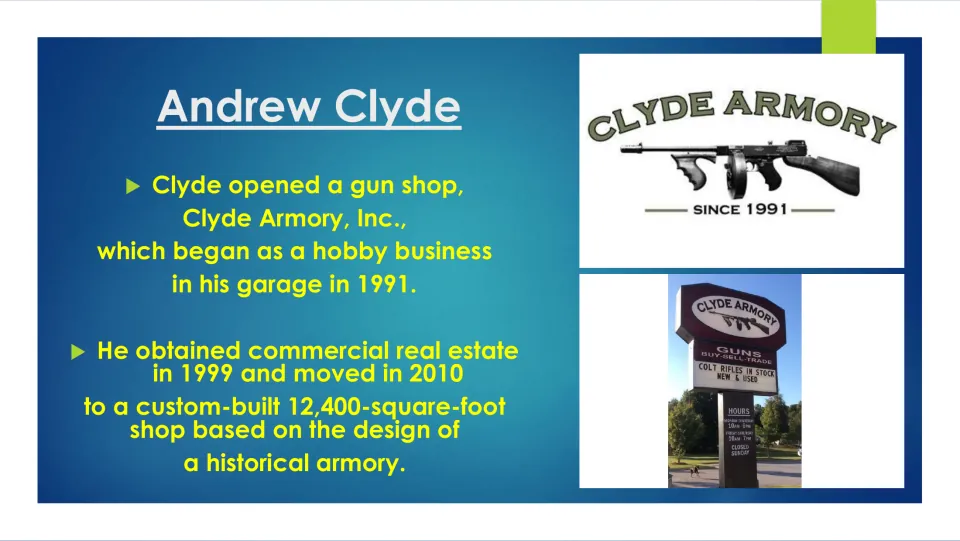 Business biography slide tracing Clyde Armory from a garage in 1991 to a 12,400-square-foot shop in 2010