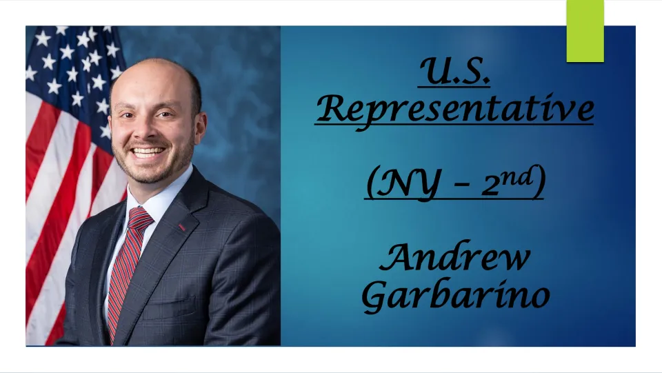 Biography presentation cover identifying Andrew Garbarino as U.S. Representative for New York’s 2nd district