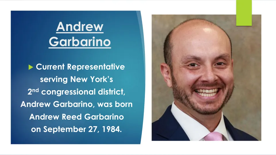Biography slide giving Andrew Garbarino’s full name, Andrew Reed Garbarino, and birthdate, September 27, 1984