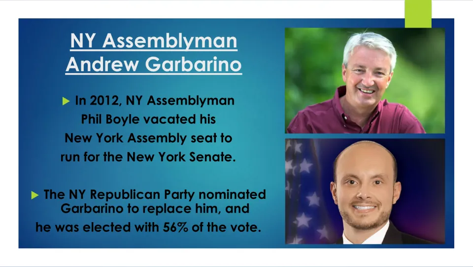 Political biography slide on Garbarino’s 2012 election to Phil Boyle’s New York Assembly seat with 56% of the vote