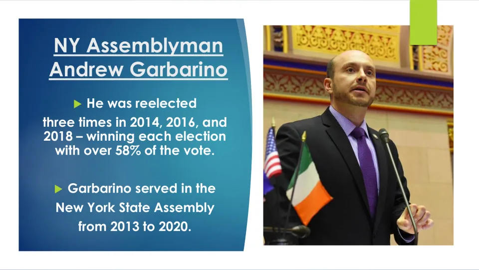 Political biography slide on Garbarino’s 2014, 2016, and 2018 reelections and New York Assembly service, 2013–2020