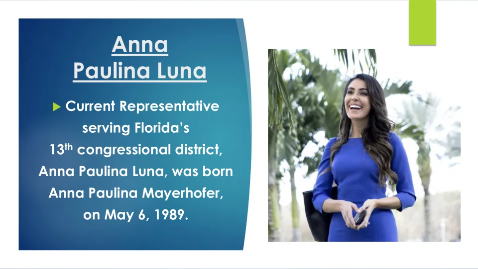 Biography slide introducing Anna Paulina Luna, her birth name Anna Paulina Mayerhofer, and May 6, 1989 birth date