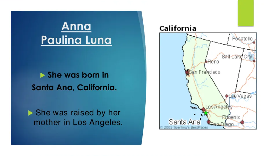 Early-life biography slide stating Luna was born in Santa Ana, California, and raised by her mother in Los Angeles