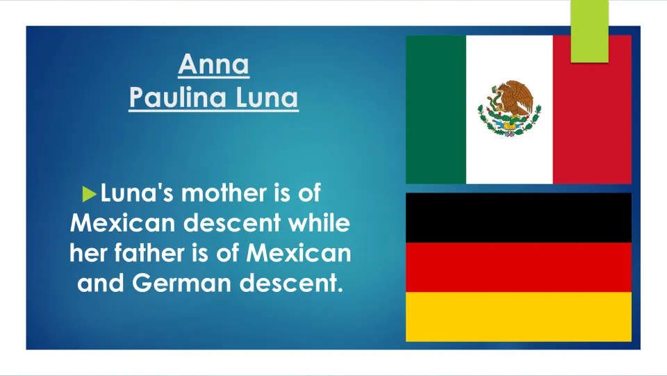 Family-background biography slide describing Luna’s mother as Mexican and her father as Mexican and German