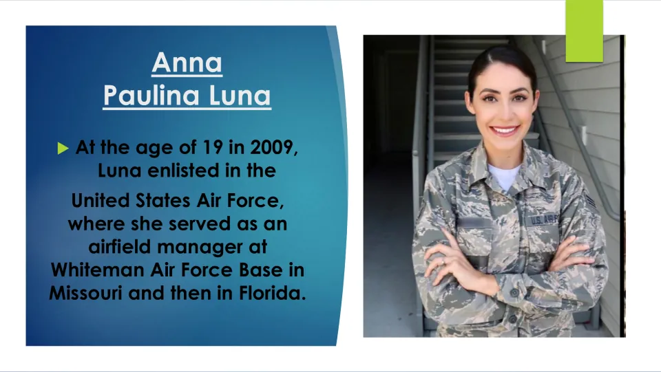 Military biography slide covering Luna’s 2009 Air Force enlistment and airfield management in Missouri and Florida