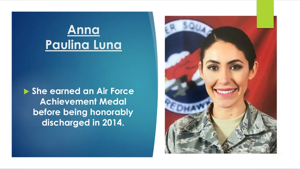 Military biography slide noting Luna’s Air Force Achievement Medal and honorable discharge in 2014