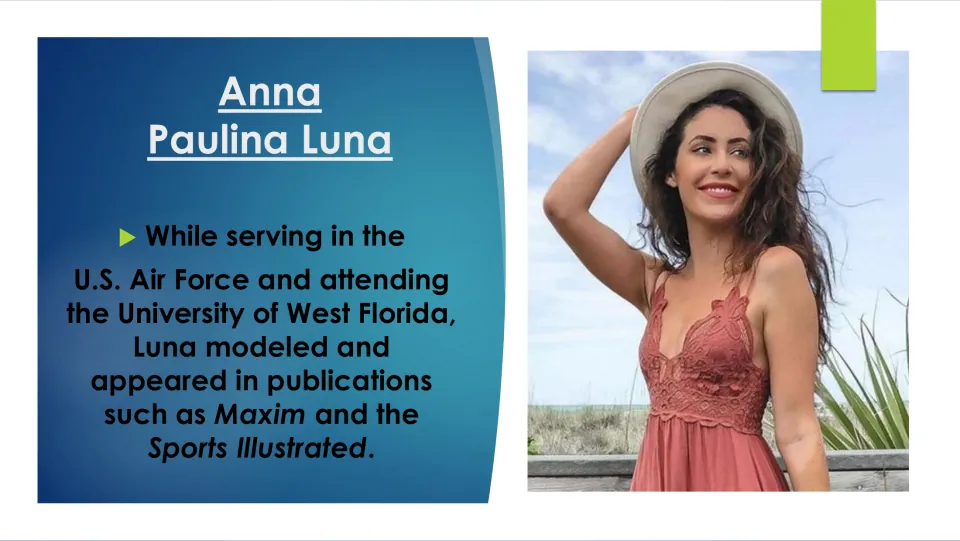 Biography slide describing Luna’s modeling for Maxim and Sports Illustrated during military service and college