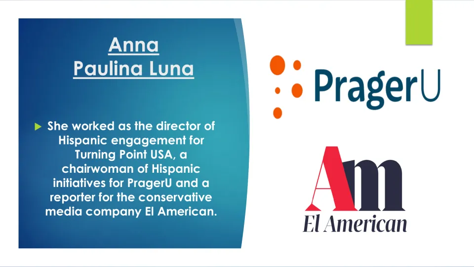 Career biography slide listing Luna’s Hispanic outreach and media roles at Turning Point USA, PragerU, and El American