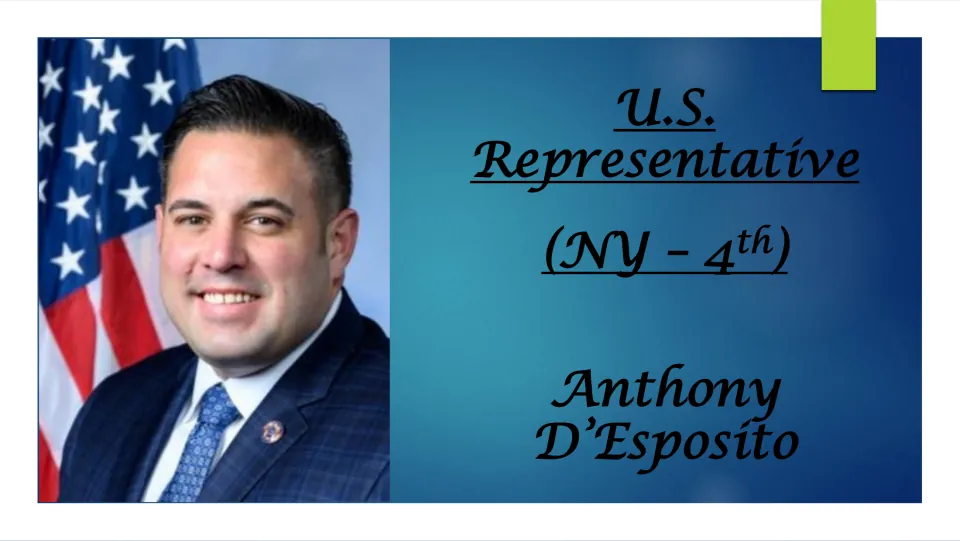 Biography presentation cover identifying Anthony D'Esposito as U.S. Representative for New York's 4th district