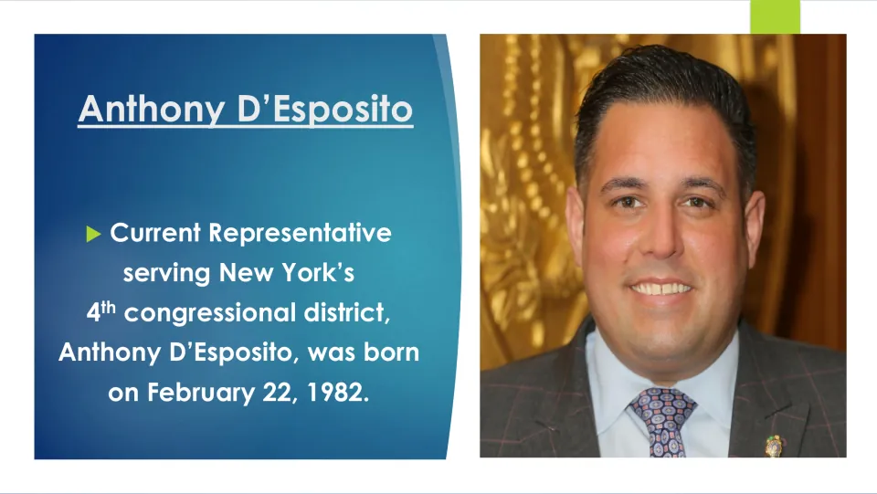 Biography slide introducing Anthony D'Esposito, his February 22, 1982 birthdate, and New York district