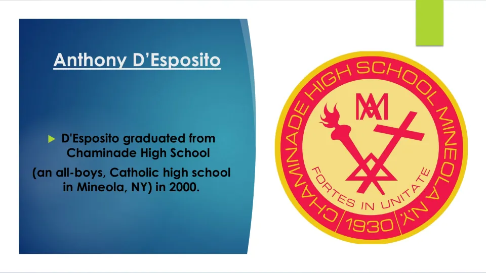 Education slide stating that D'Esposito graduated from Chaminade High School in Mineola, New York, in 2000