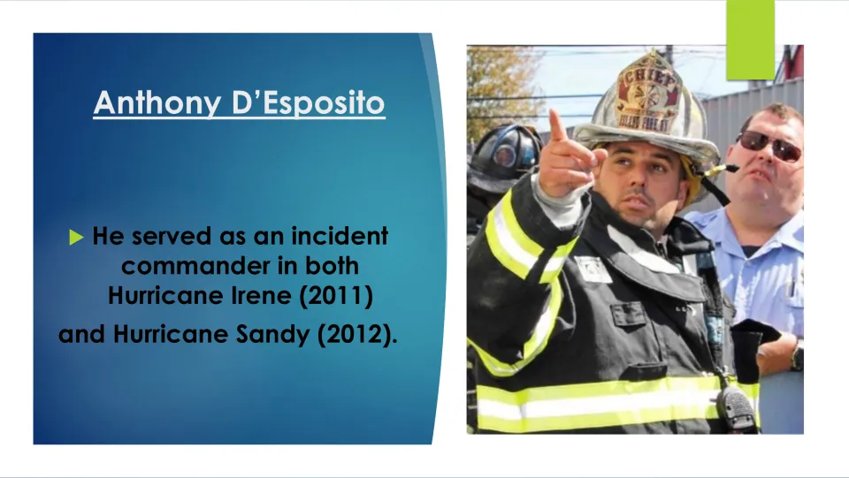 Public service slide describing D'Esposito as incident commander during Hurricanes Irene (2011) and Sandy (2012)