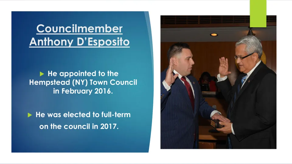 Political career slide covering D'Esposito's 2016 Hempstead Town Council appointment and 2017 election