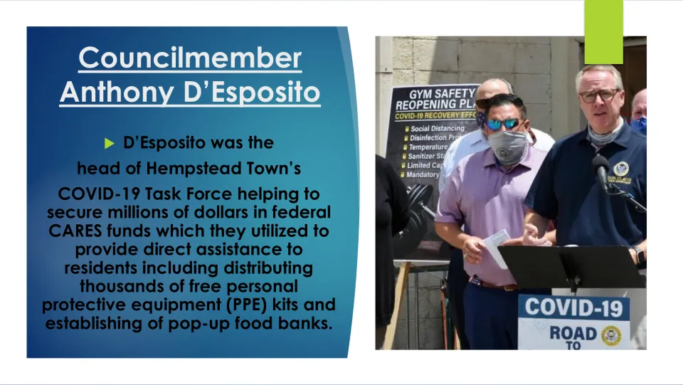 Town council service slide describing D'Esposito's COVID-19 task force work, CARES funds, PPE, and food banks