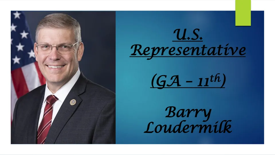 Biography cover introducing Barry Loudermilk as U.S. representative for Georgia's 11th district, with his portrait