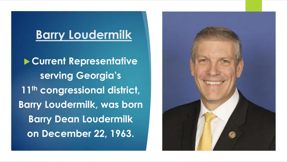 Biography slide identifying Barry Dean Loudermilk and giving his birth date as December 22, 1963